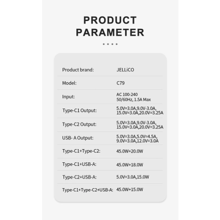 Ładowarka sieciowa 2xUSB-C PD 65W + 1xUSB QC3.0 JELLICO C79 GaN biała