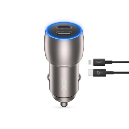 Ładowarka samochodowa 2xUSB-C PD QC 3.0 40W + kabel Typ C - Lightning XO CC51 szara