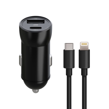 Ładowarka samochodowa USB-C PD + 1xUSB QC 3.0 20W + kabel Typ C - Lightning Maxlife MXCC-04 czarna