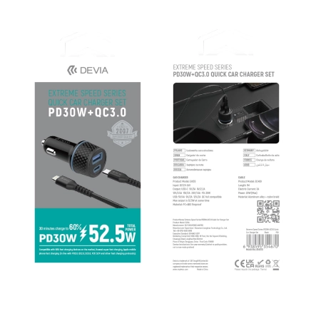 Ładowarka samochodowa USB-C PD + 1xUSB QC 3.0 52.5W + kabel Typ C - Lightning Devia Extreme