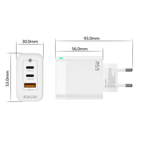 Ładowarka sieciowa 2xUSB-C PD 65W + 1xUSB QC3.0 JELLICO C79 GaN biała