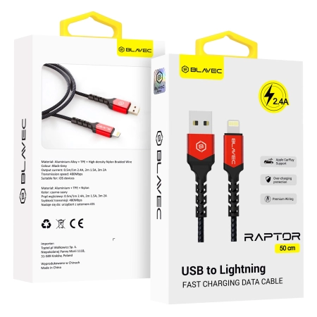 Kabel USB iPhone Lightning 0.5m czerwono-czarny BLAVEC CRA-UL24BR05 2.4A