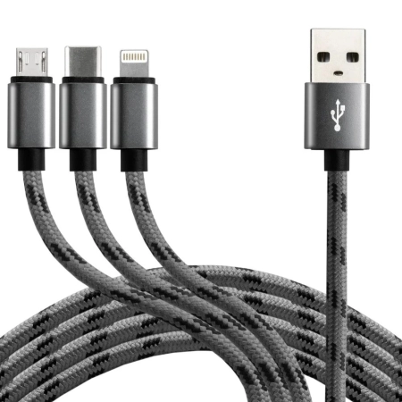 Kabel USB 3w1 Micro/iPhone/TYP-C czarny 1.2m EVERACTIVE szary