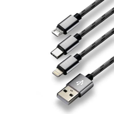 Kabel USB 3w1 Micro/iPhone/TYP-C czarny 1.2m EVERACTIVE szary